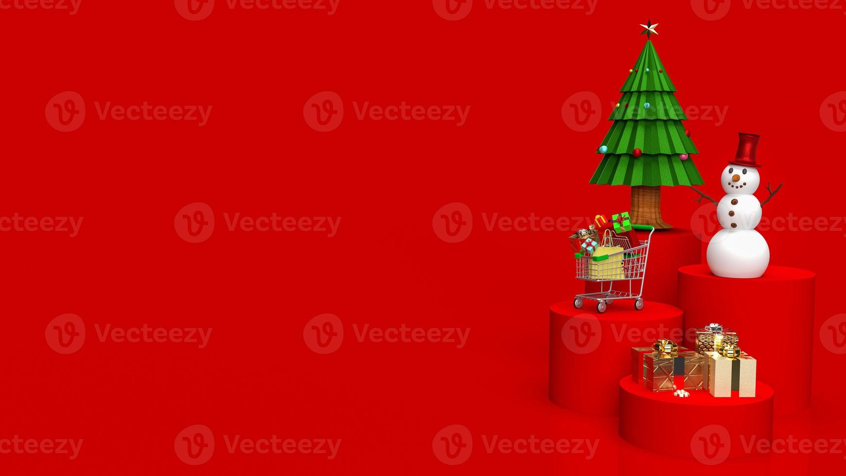 l'arbre de noël et le bonhomme de neige sur la tonalité de couleur rouge pour le rendu 3d de concept de vacances ou d'affaires photo