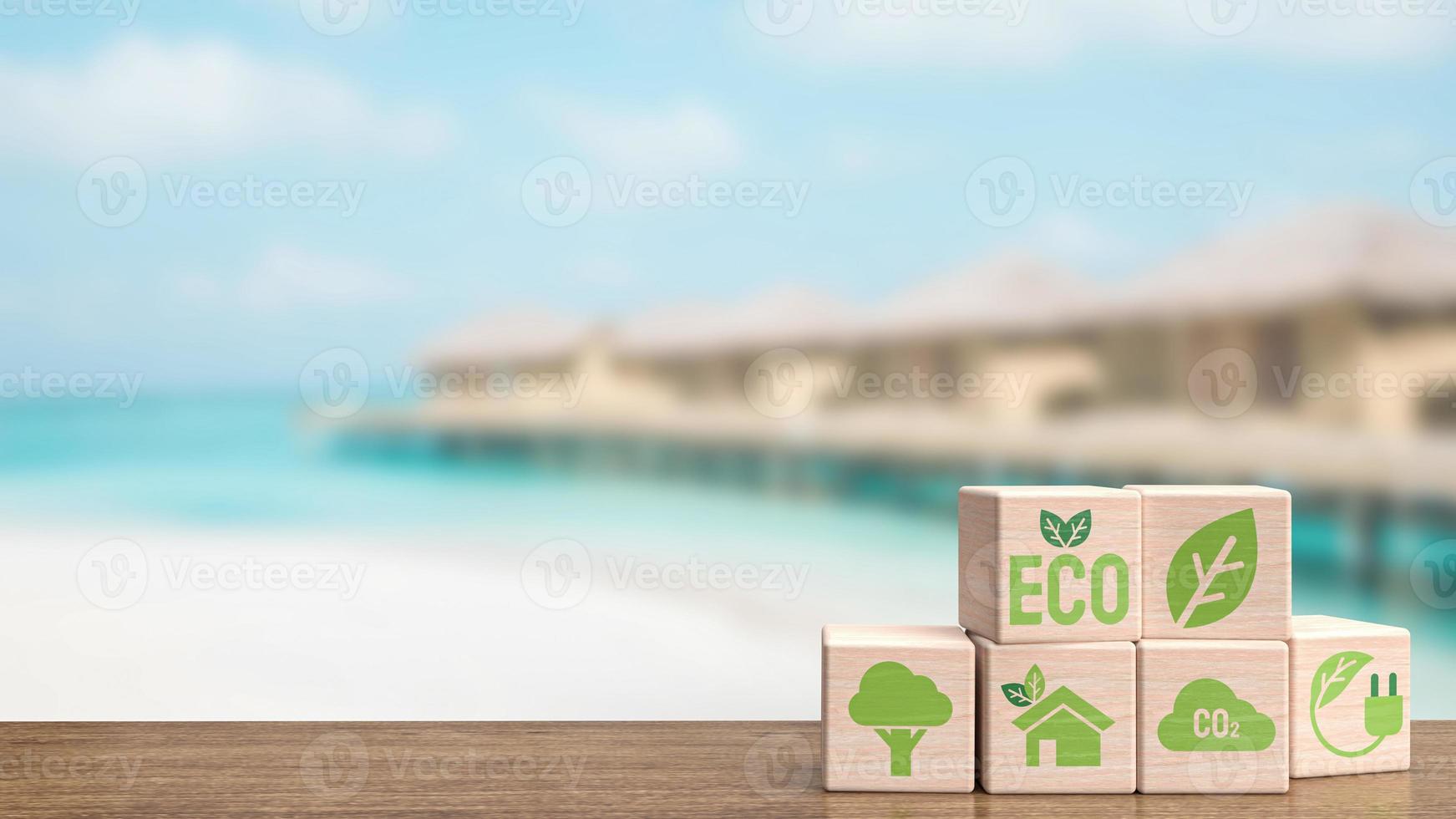 l'icône de l'écologie sur le cube en bois pour le rendu 3d du concept écologique ou naturel photo