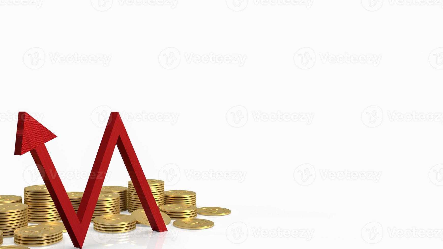 la flèche rouge et les pièces d'or sur fond blanc pour le rendu 3d du concept d'entreprise photo