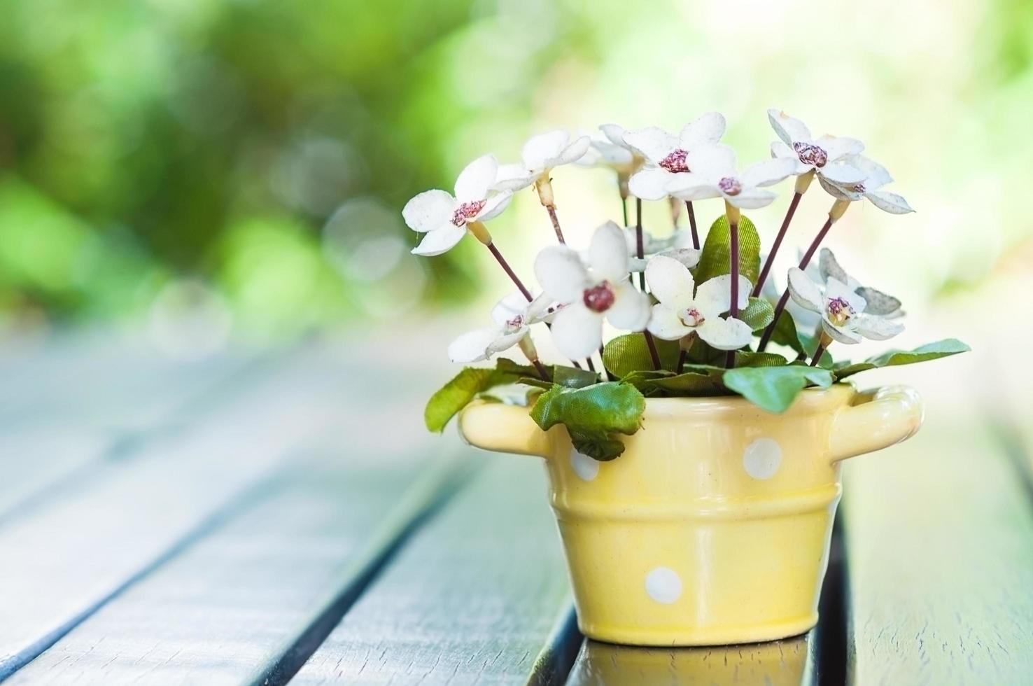 beau pot de décoration artificielle de fleur sur le dessus de la table pour carte de voeux et autre utilisation en arrière-plan photo