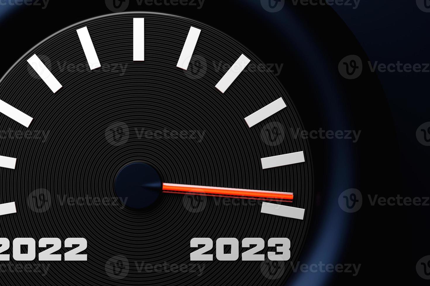 illustration 3d close up compteur de vitesse noir avec coupures 2022,2023 et mois calendaires. photo