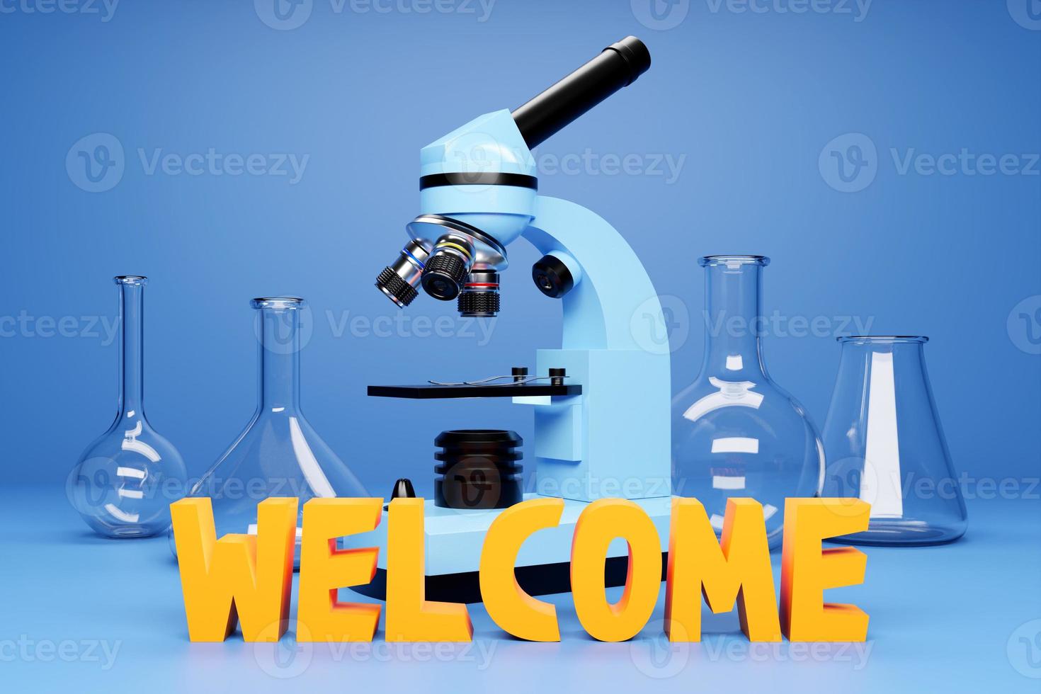 Illustration 3d d'un ensemble d'instruments de laboratoire, microscope et inscription bienvenue. recherche en laboratoire de chimie sur fond bleu photo