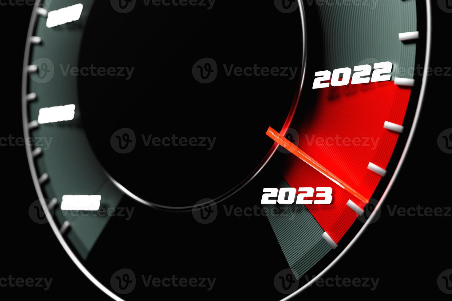 illustration 3d close up compteur de vitesse noir avec coupures 2022,2023. le concept du nouvel an et de noël dans le domaine automobile. compter les mois, le temps jusqu'à la nouvelle année photo