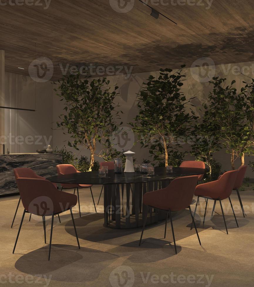 cuisine ouverte de luxe et salle à manger avec éclairage de nuit, plantes vertes, sol en pierre, plafond en bois. appartement intérieur d'illustration de rendu 3d. photo