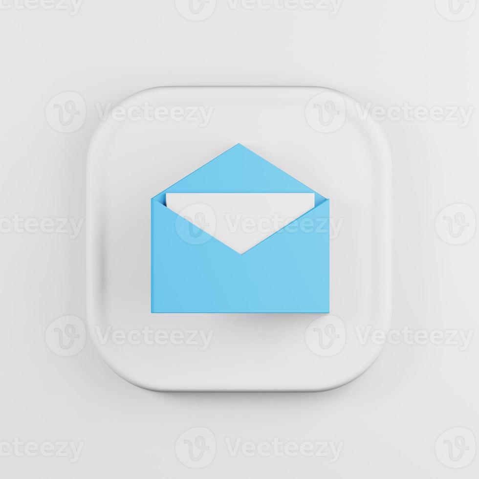 icône d'enveloppe bleue avec style de dessin animé de lettre. Bouton clé carré blanc de rendu 3d, élément d'interface ui ux. photo