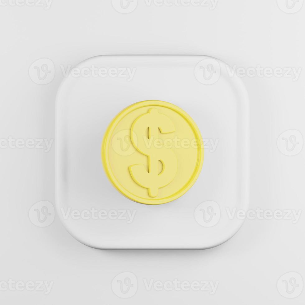 icône jaune de pièce de monnaie dollar en style cartoon. Touche de bouton carré blanc de rendu 3d, élément d'interface ui ux. photo
