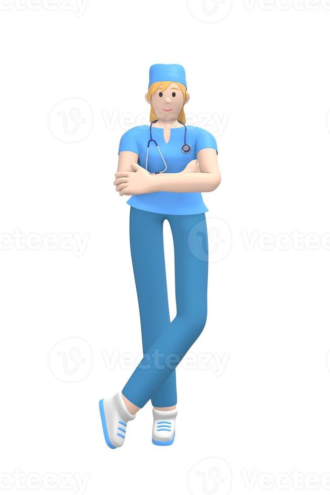 caractère médical une jeune femme médecin en costume bleu se tient les mains jointes sur sa poitrine. personne de dessin animé isolée sur fond blanc. rendu 3d. photo