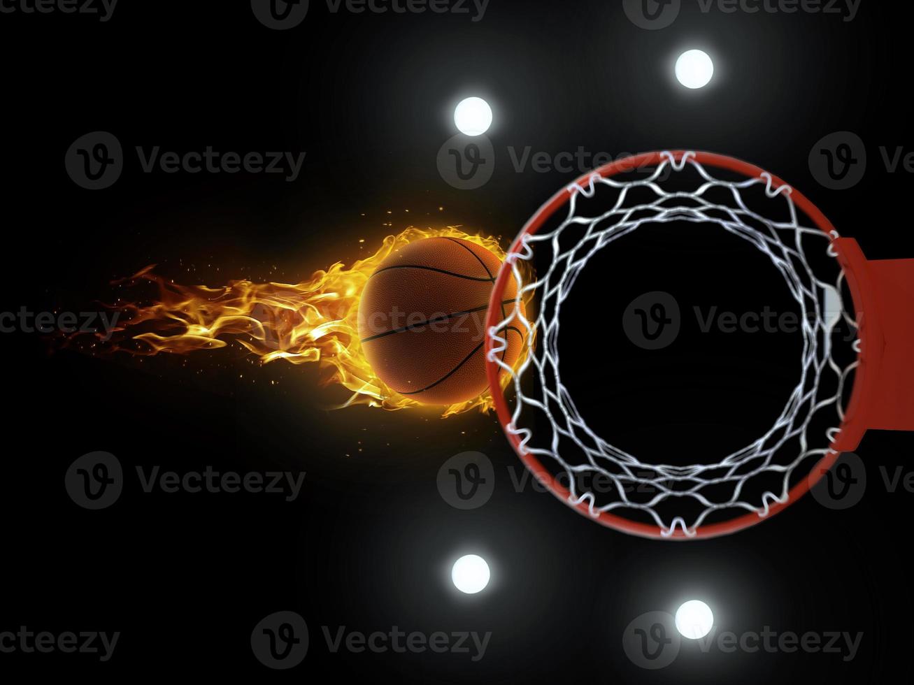Illustration 3d d'un ballon de basket enflammé volant au cerceau sur fond noir photo