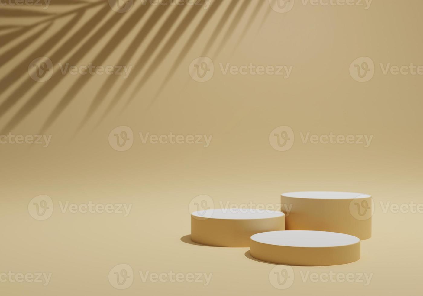 ensemble de podium de piédestal de cylindre pastel réaliste 3d abstrait et superposition d'ombre de feuille de palmier. scène pour vitrine. scène minimale pour la présentation de l'affichage du produit. illustration de rendu 3d. photo