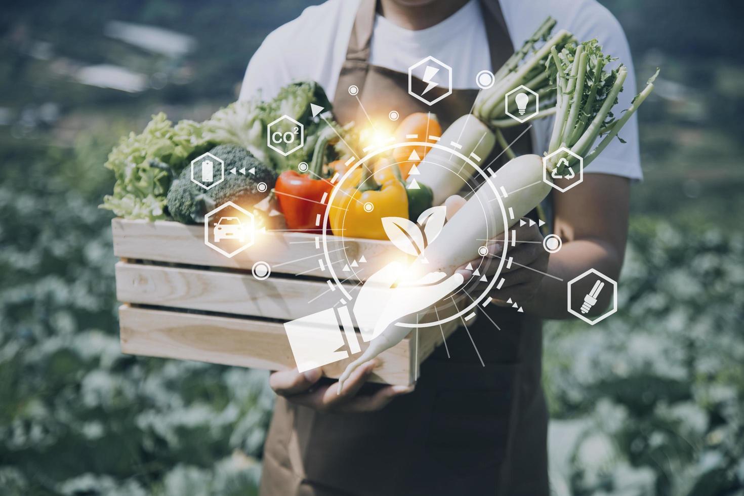 un homme d'affaires futuriste cultive des légumes et des cultures à l'aide de la technologie ai moderne utilisant des téléphones portables, des capteurs de température et d'humidité, le suivi de l'eau, le contrôle du climat, des icônes de données de données holographiques. photo