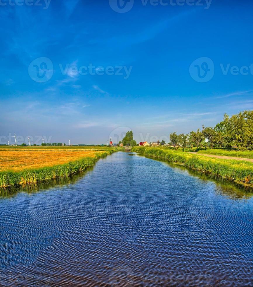 paysage hollandais avec un canal et des champs d'herbe photo