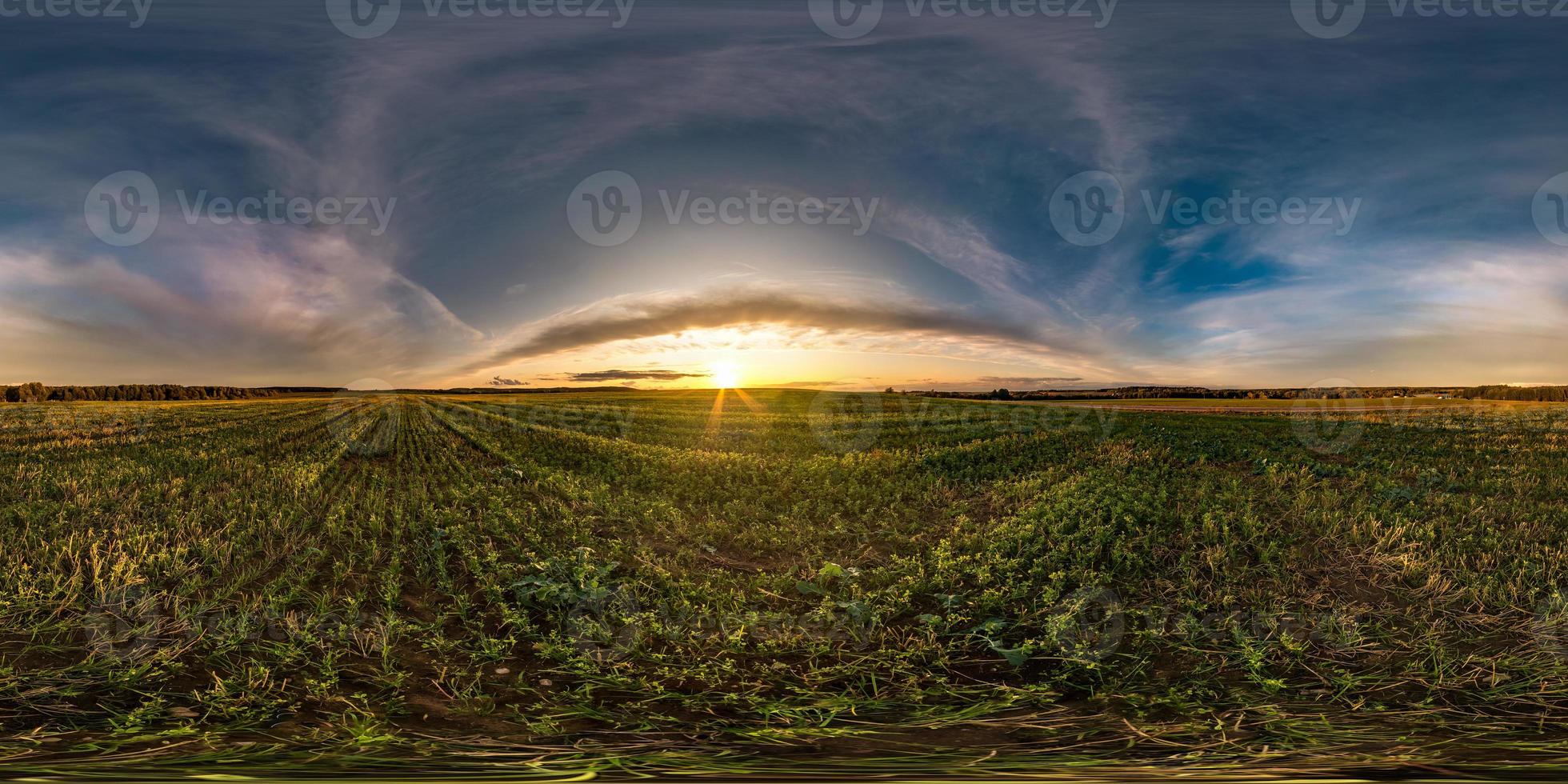 panorama hdri sphérique complet et harmonieux vue d'angle à 360 degrés parmi les champs au coucher du soleil d'été avec de superbes nuages bleus roses rouges en projection équirectangulaire, prêt pour la réalité virtuelle vr ar photo