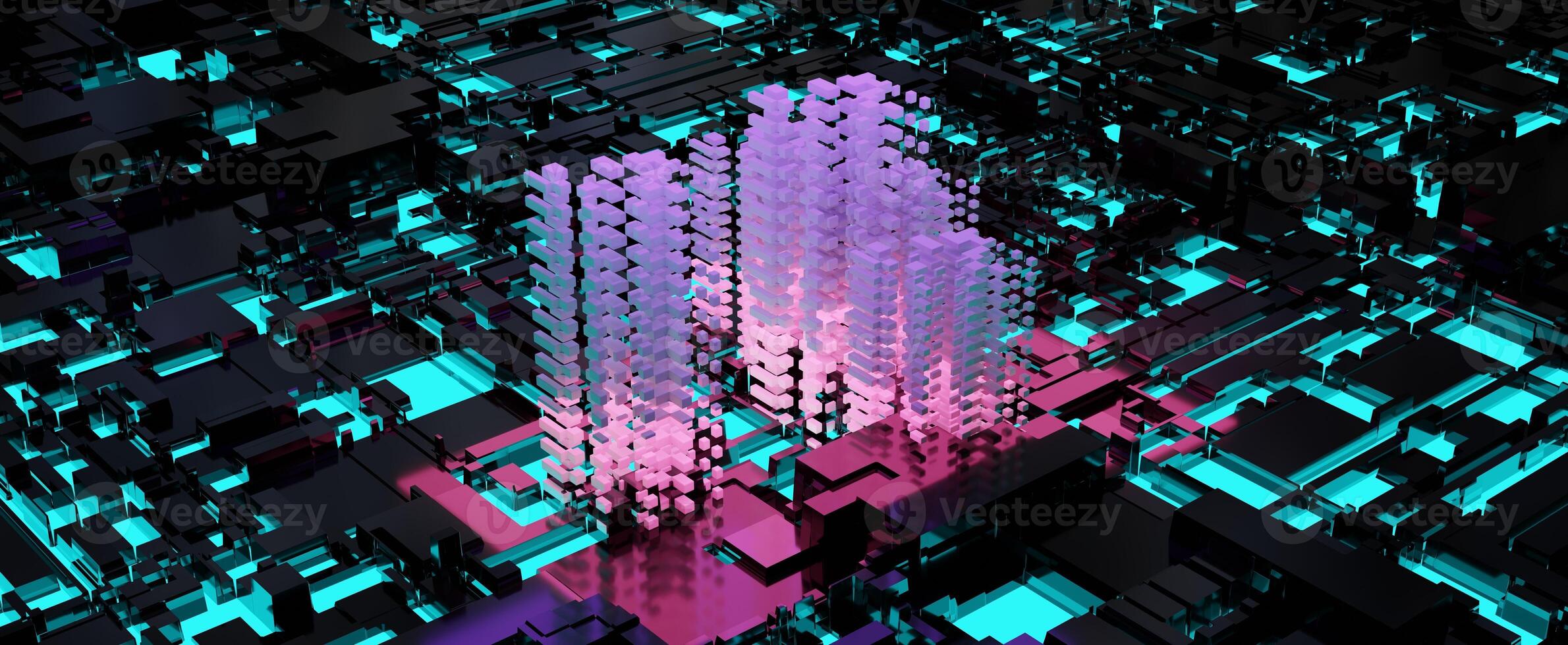 gratte-ciel cyber néon sur fond de ville virtuelle. bâtiment numérique violet au centre rendu 3d de l'intersection de la rue rougeoyante futuriste. serveur web qui traite les données dans l'espace en ligne photo