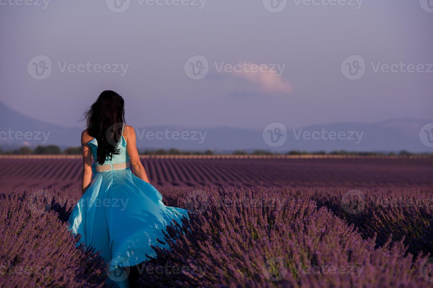 femme dans un champ de fleurs de lavande photo