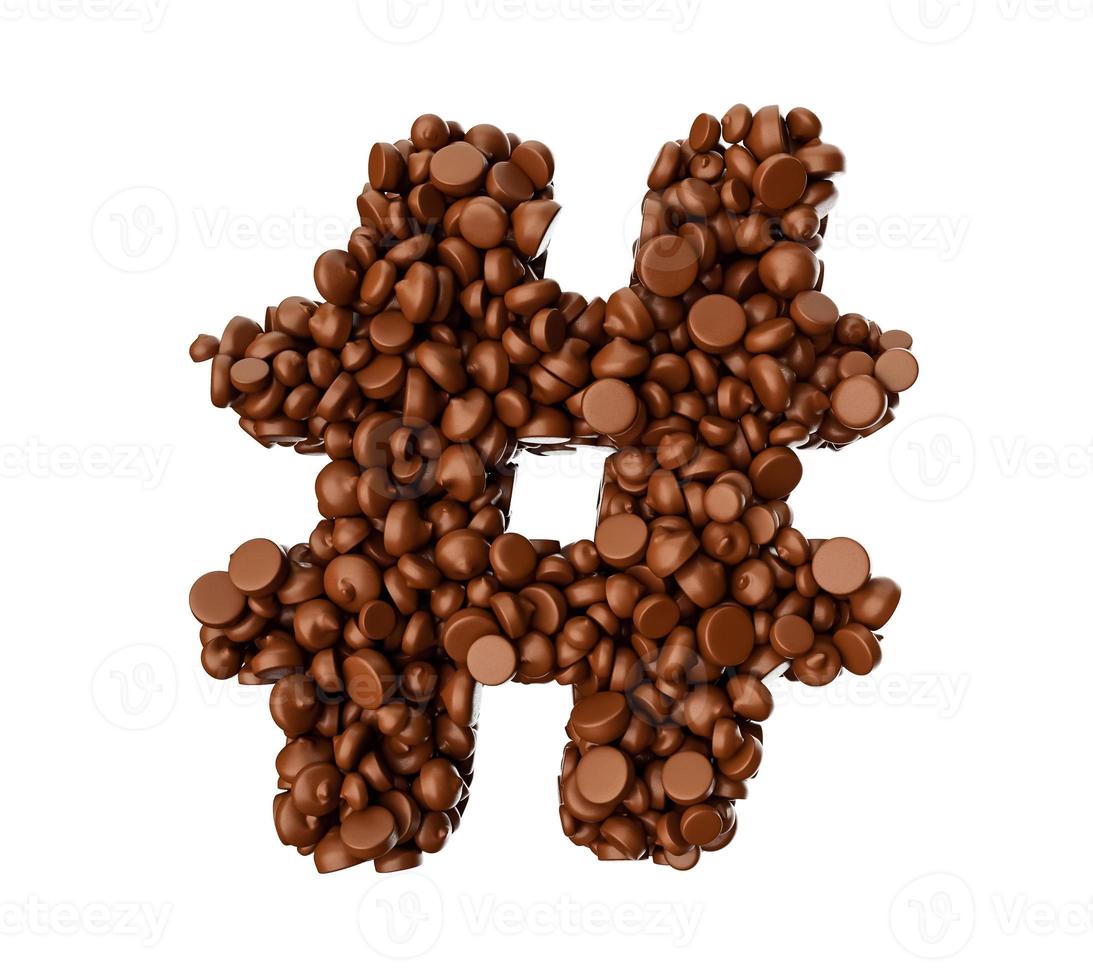 symbole de hashtag fait de pépites de chocolat morceaux de chocolat lettre de l'alphabet symbole de hachage illustration 3d photo