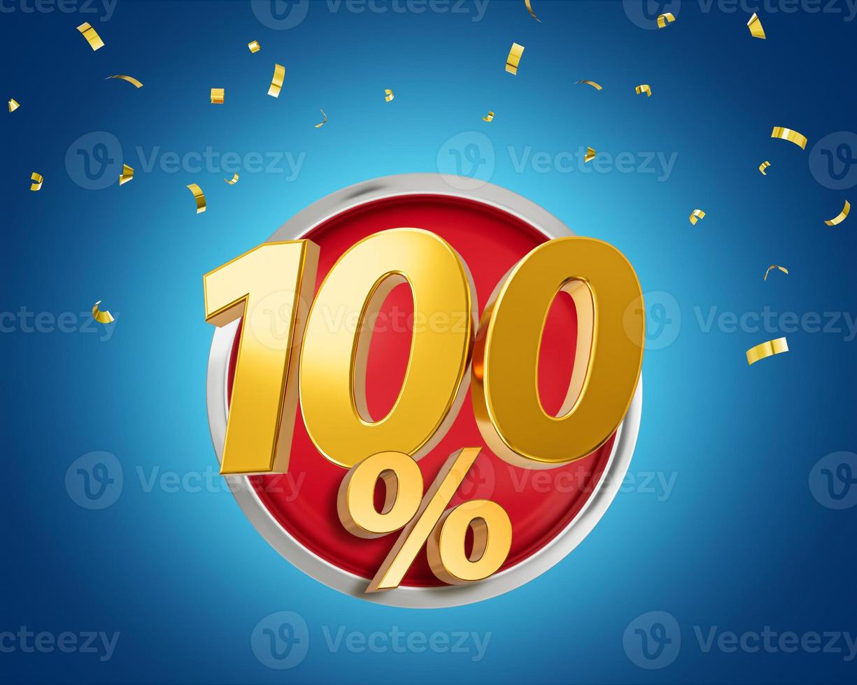 100 % de réduction sur le symbole de vente d'or 3d avec des confettis. bannière de vente et affiche 3d illustration photo