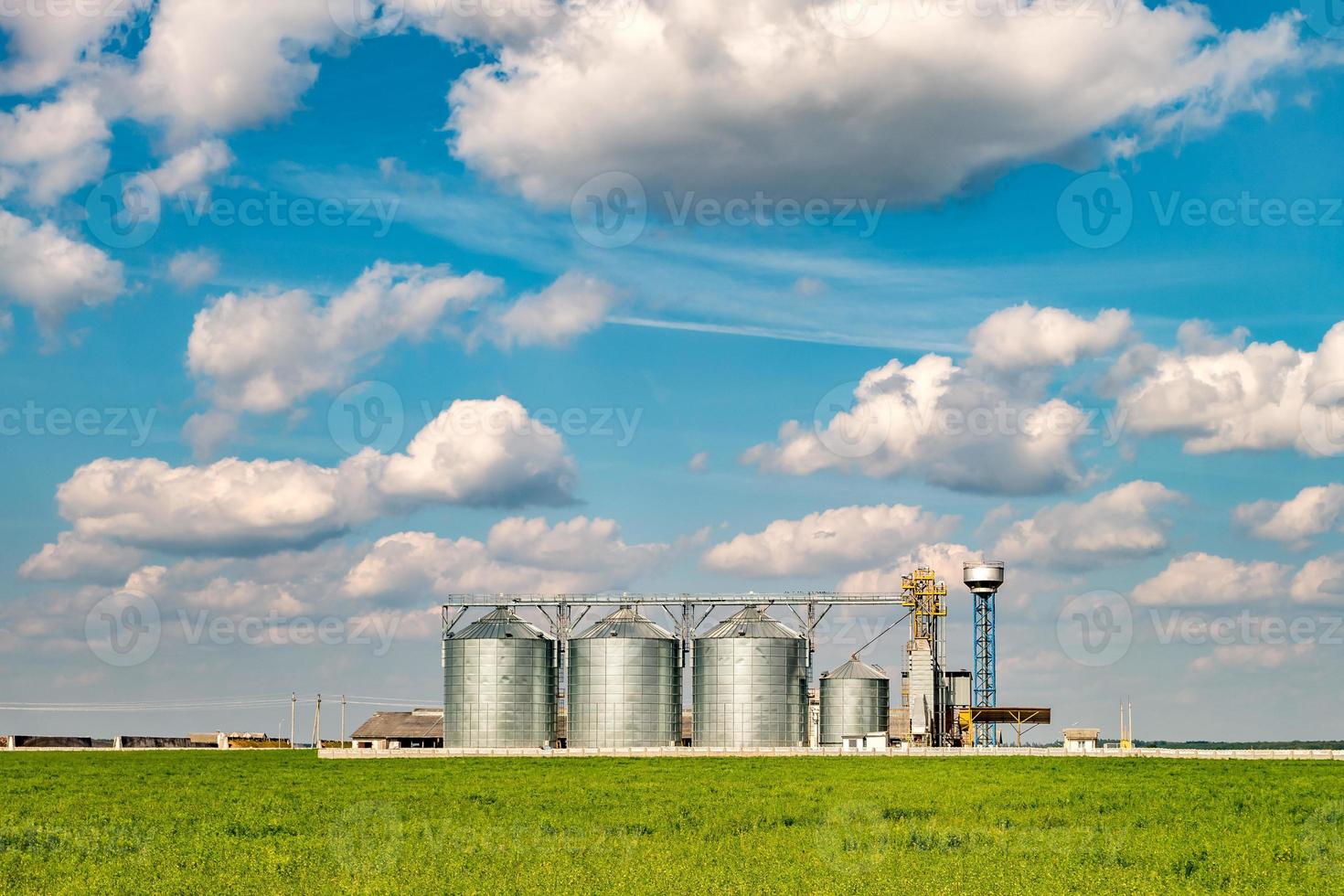 silos d'argent sur une usine de fabrication agricole pour le traitement, le nettoyage à sec et le stockage de produits agricoles, de farine, de céréales et de grains. ascenseur à grenier photo