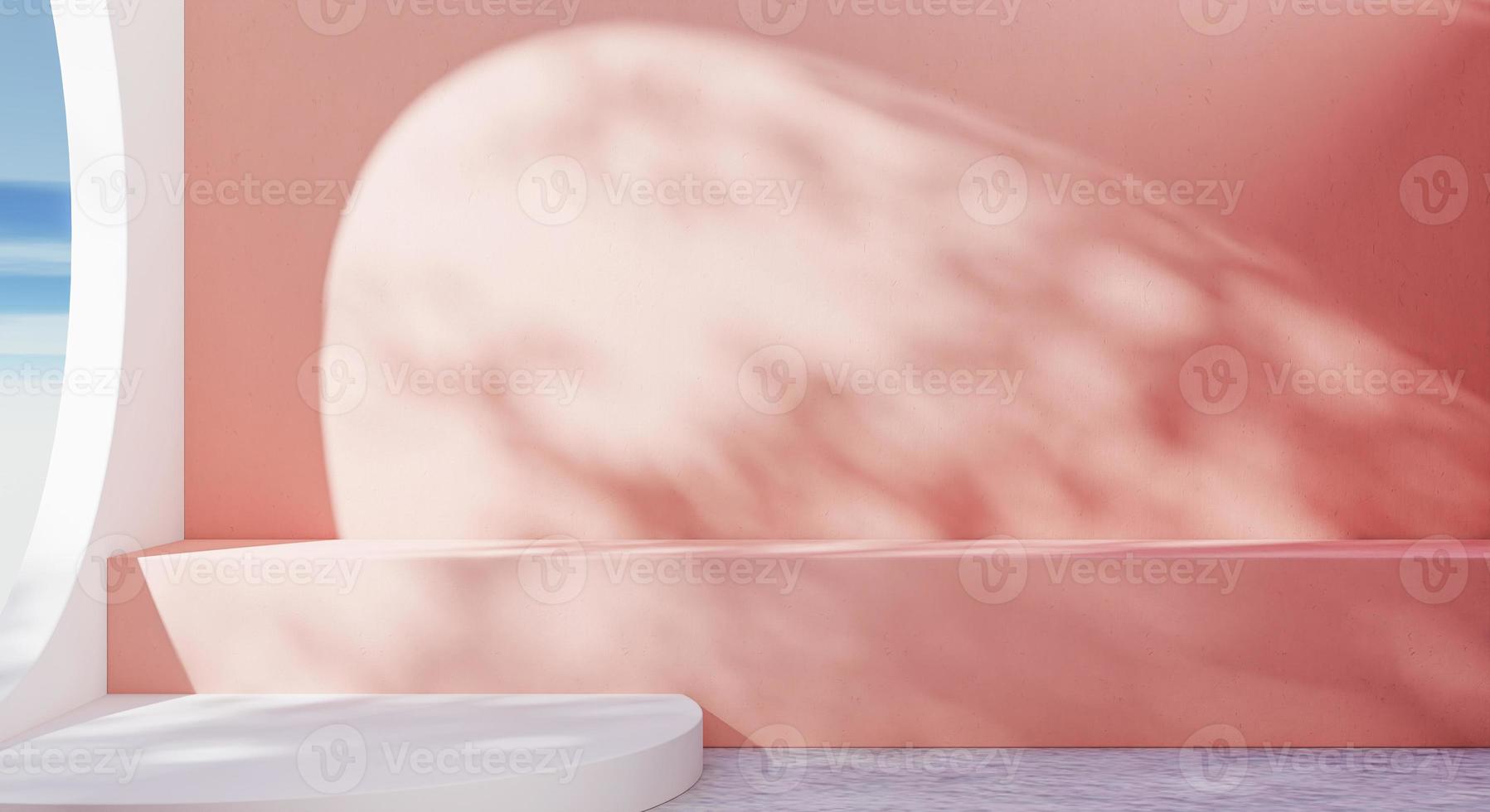 salle vide dans des tons pastel rose et blanc avec ombre de feuilles d'arbre et fond bleu ciel et nuage. concept abstrait et nature. rendu 3d photo