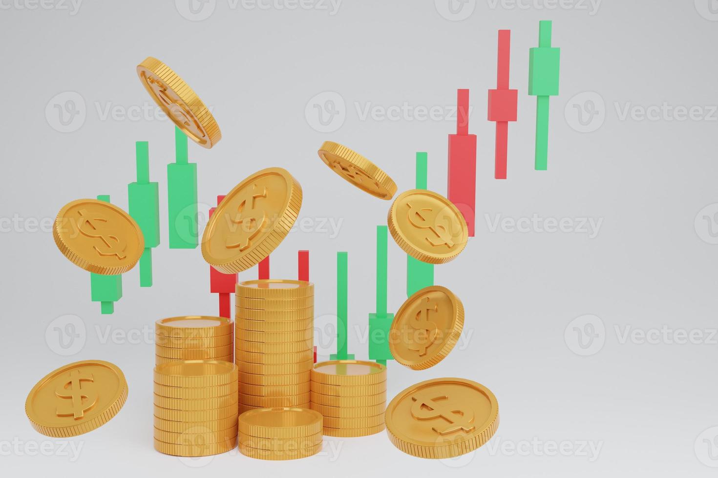 graphiques de trading en ligne pour la finance avec des pièces volantes argent, marchés boursiers d'investissement, fond isolé de graphique chandelier, illustration de rendu pastel concept.3d. photo