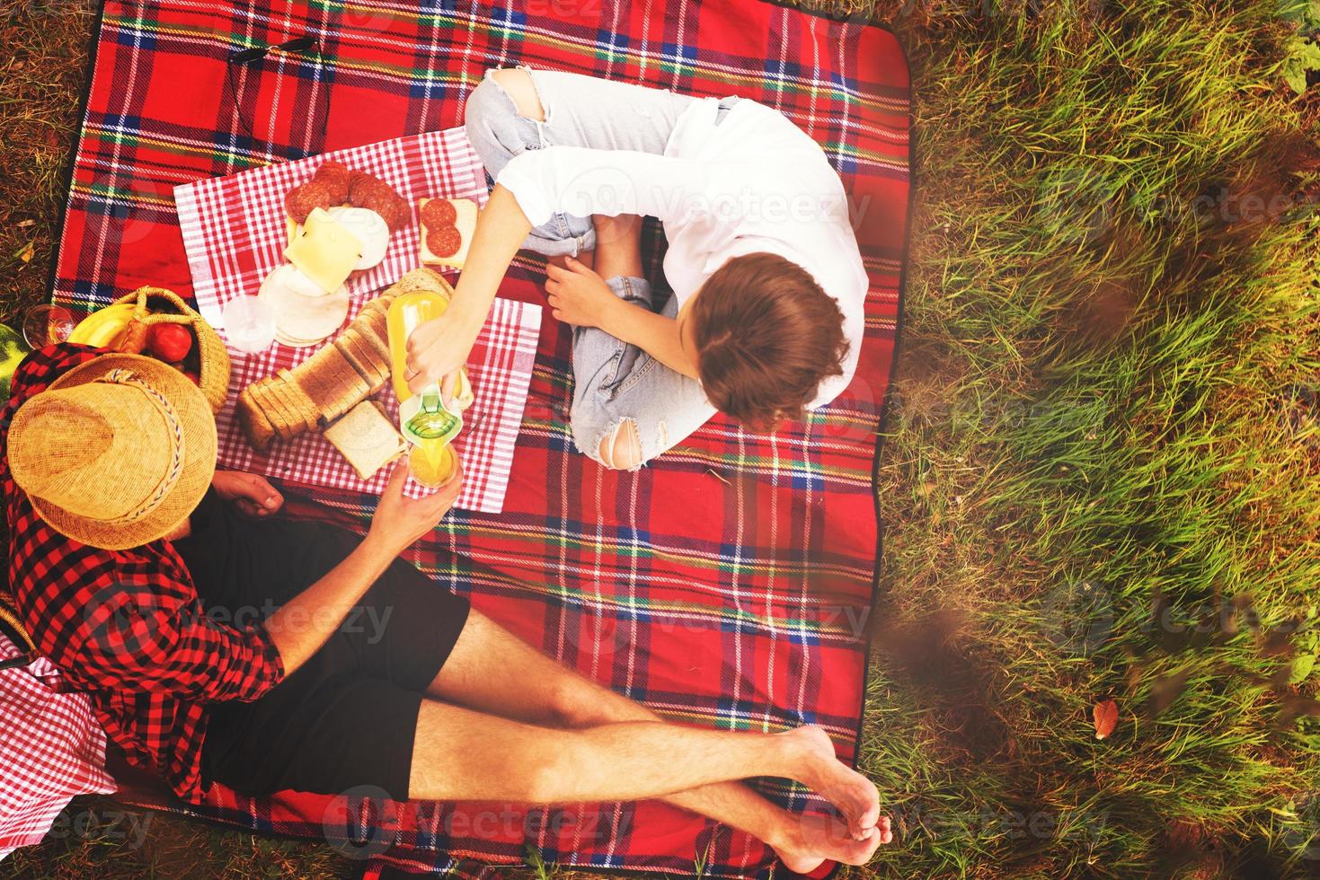 vue de dessus du couple profitant de l'heure du pique-nique photo