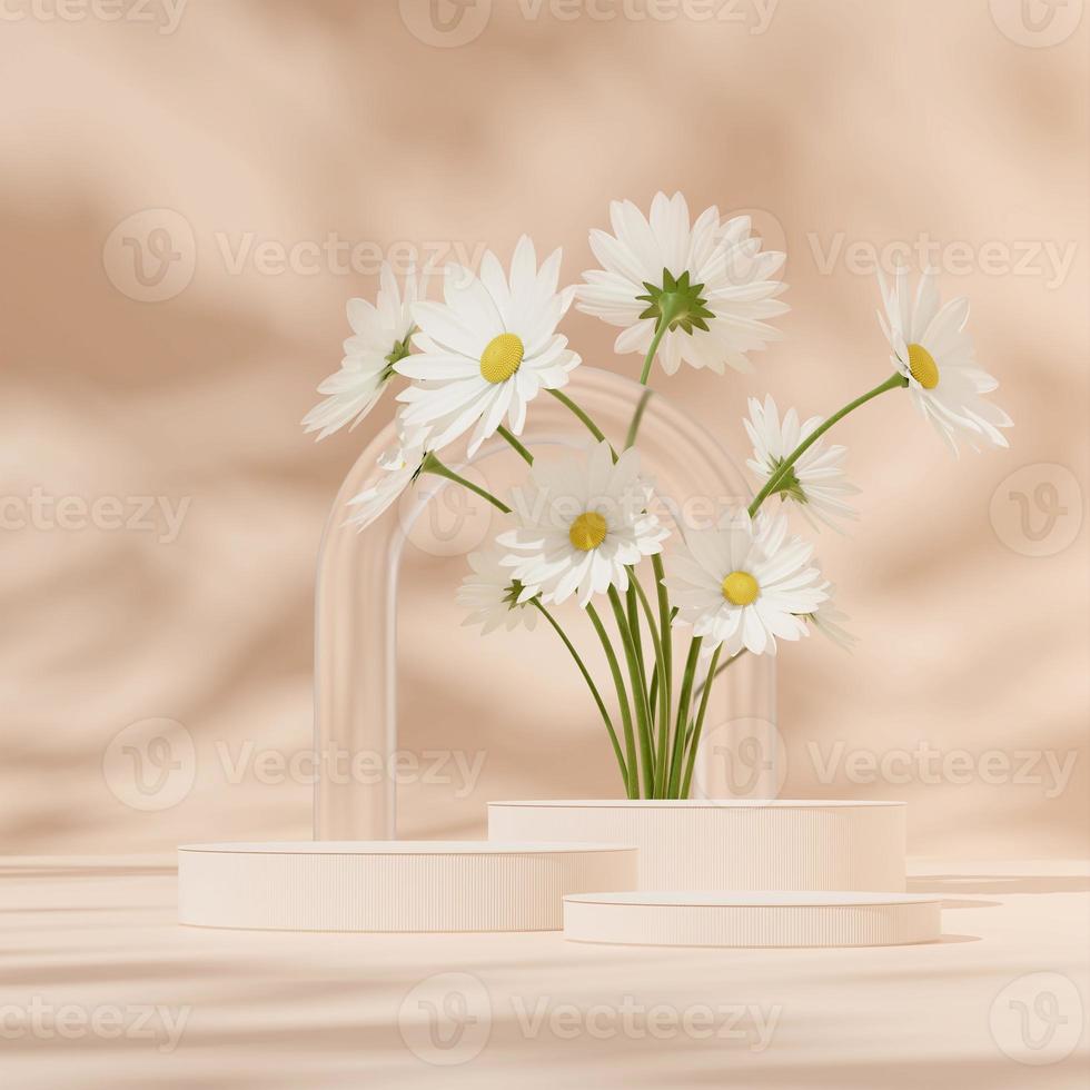 Modèle de rendu 3d du podium blanc en carré avec arche de verre floue et fleur de marguerite photo