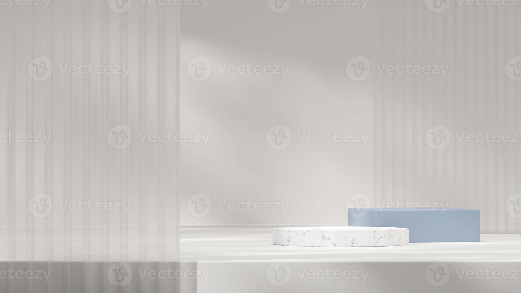 Modèle de maquette de rendu 3d de podium blanc et bleu en paysage avec verre dépoli et ombre photo