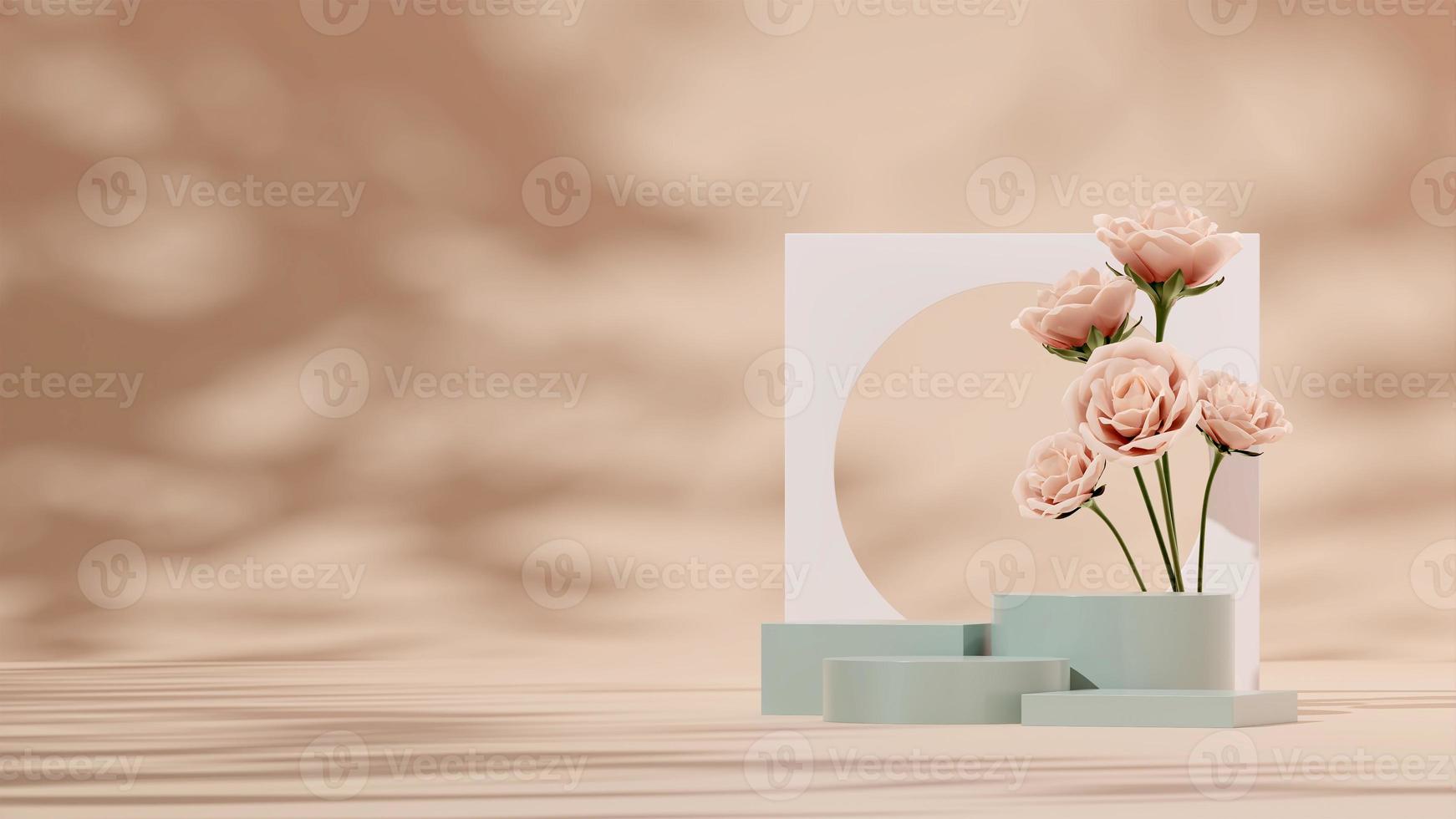 Podium de produit de modèle de rendu 3d en paysage avec rose rouge rose et fond marron clair photo