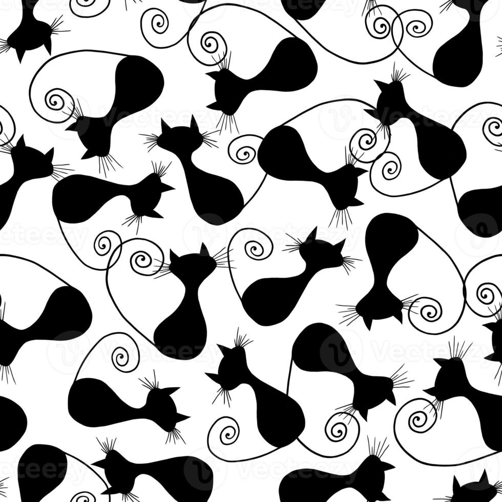 chats silhouettes noires sur fond blanc, assis avec des queues recourbées. modèles sans couture. illustration aquarelle de dessin animé mignon. pour l'impression sur tissu, emballage. photo