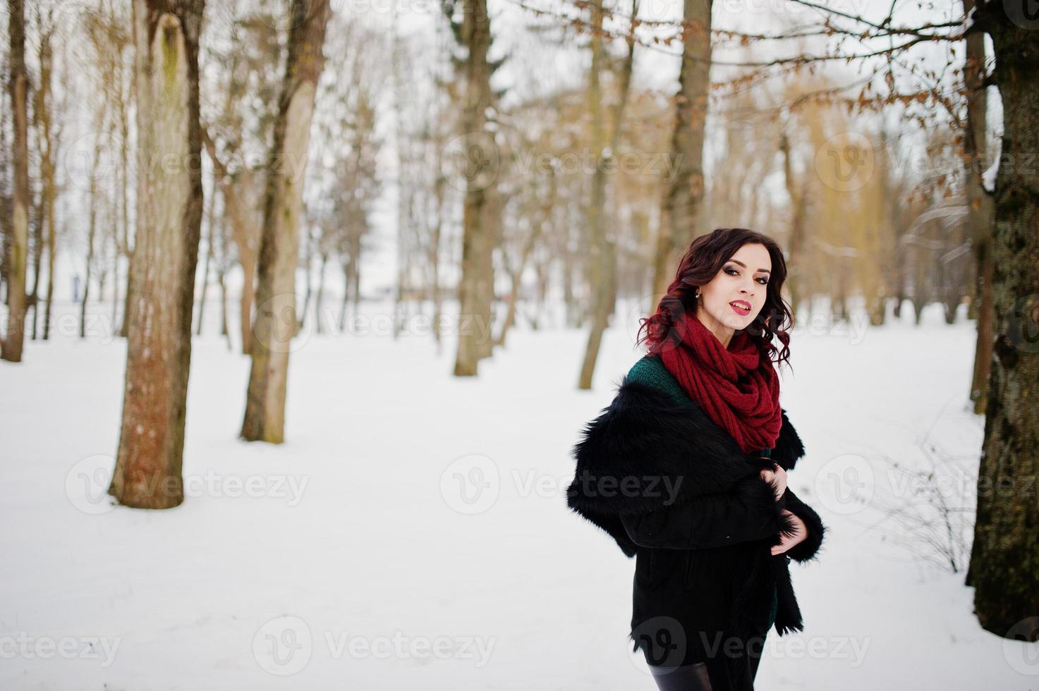 fille brune en pull vert, manteau et écharpe rouge en plein air le soir de la journée d'hiver. photo