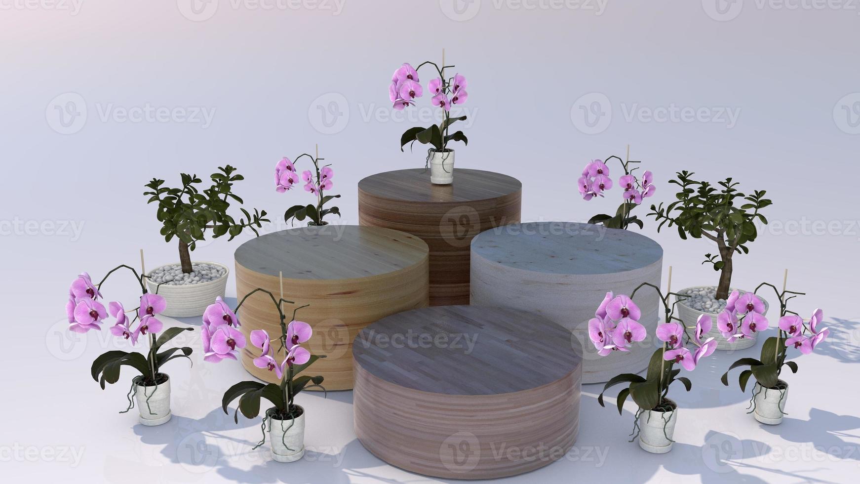 présentoir de podium de présentation de produit maquette de rendu 3d espace blanc avec texture de fleur et de bois photo
