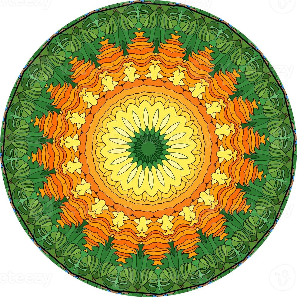 motif de fleurs ethniques de style mandala lumineux. forme de fleur inhabituelle. oriental., modèles de thérapie anti-stress. éléments de conception de tissage photo