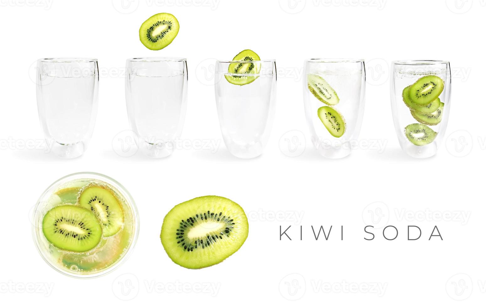 goutte de soda kiwi en verre avec vue de dessus et vue latérale photo