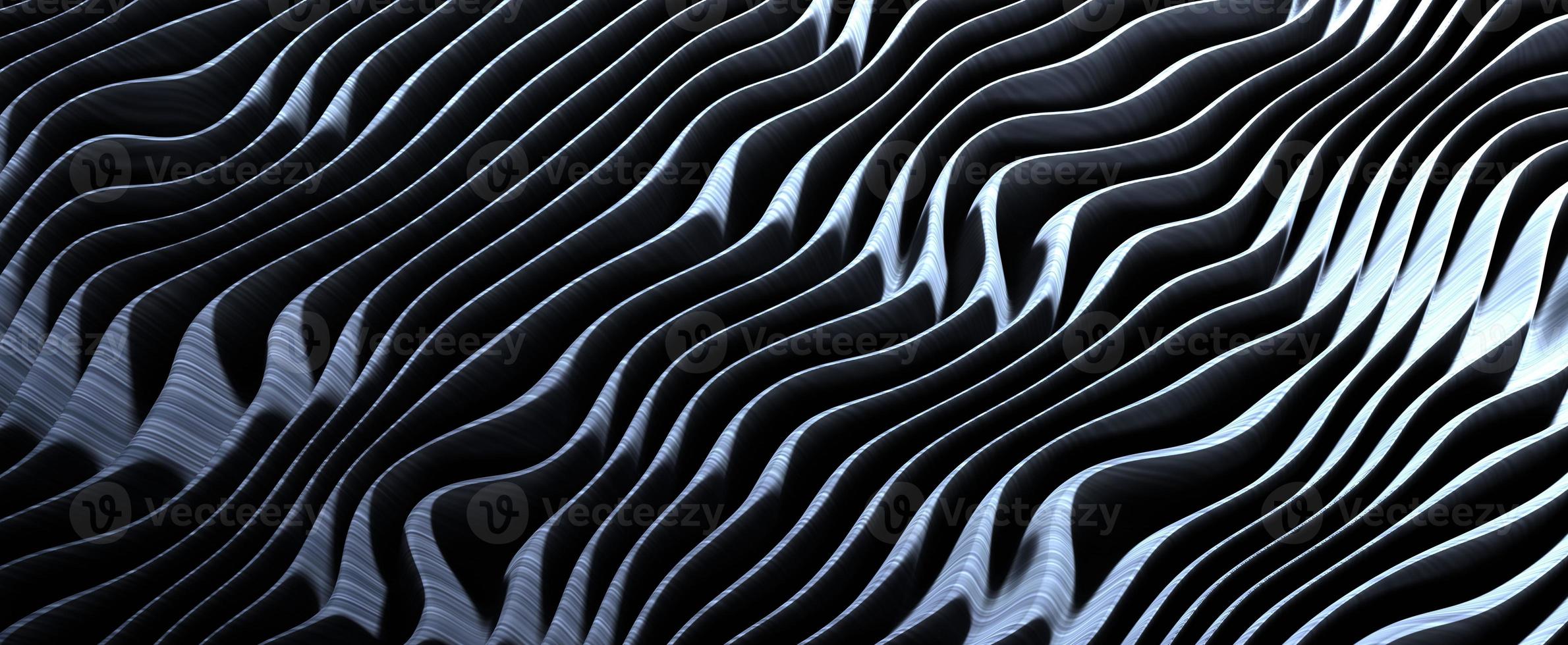 rayures abstraites ondulées avec fond dégradé métallique. rendu 3d futuriste vagues de chaîne en aluminium couleur rayée noir et blanc. ondulations texturées avec transitions et entrelacs en acier élégants photo