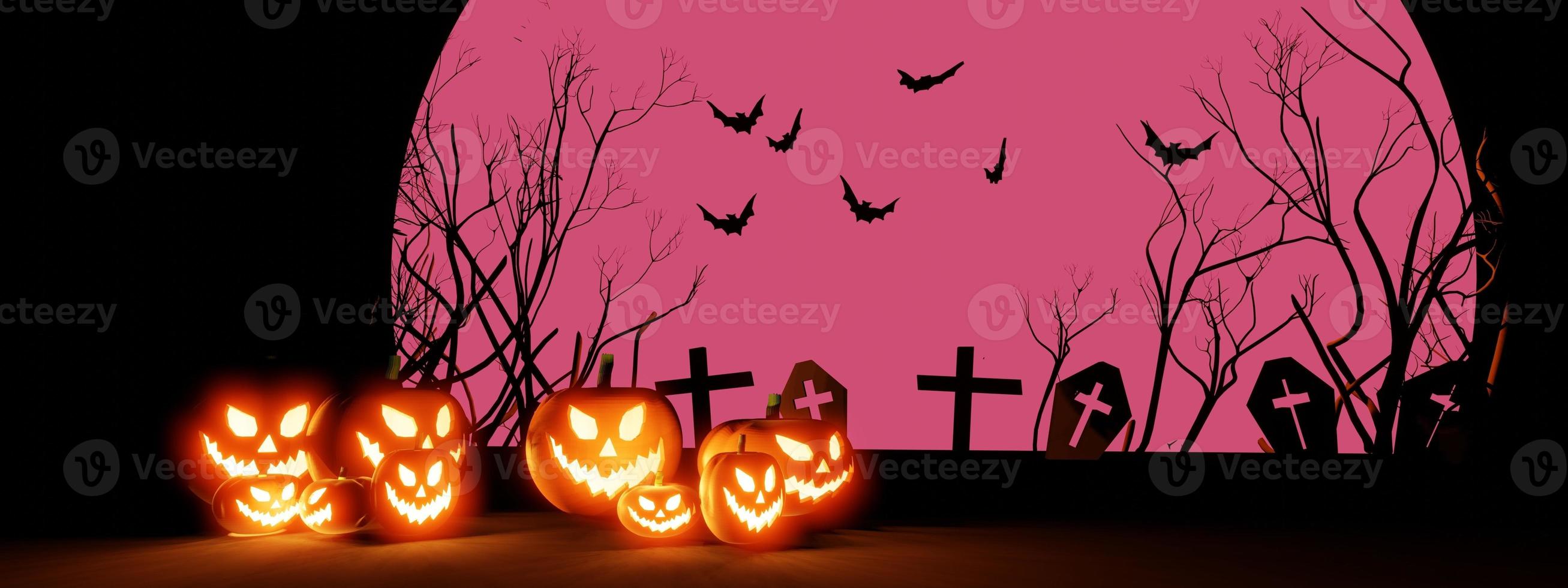 les citrouilles d'halloween sourient et les yeux effrayants avec des chauves-souris et des tombes en toile de fond. avec une grande lune rose, rendu 3d, bannière. photo