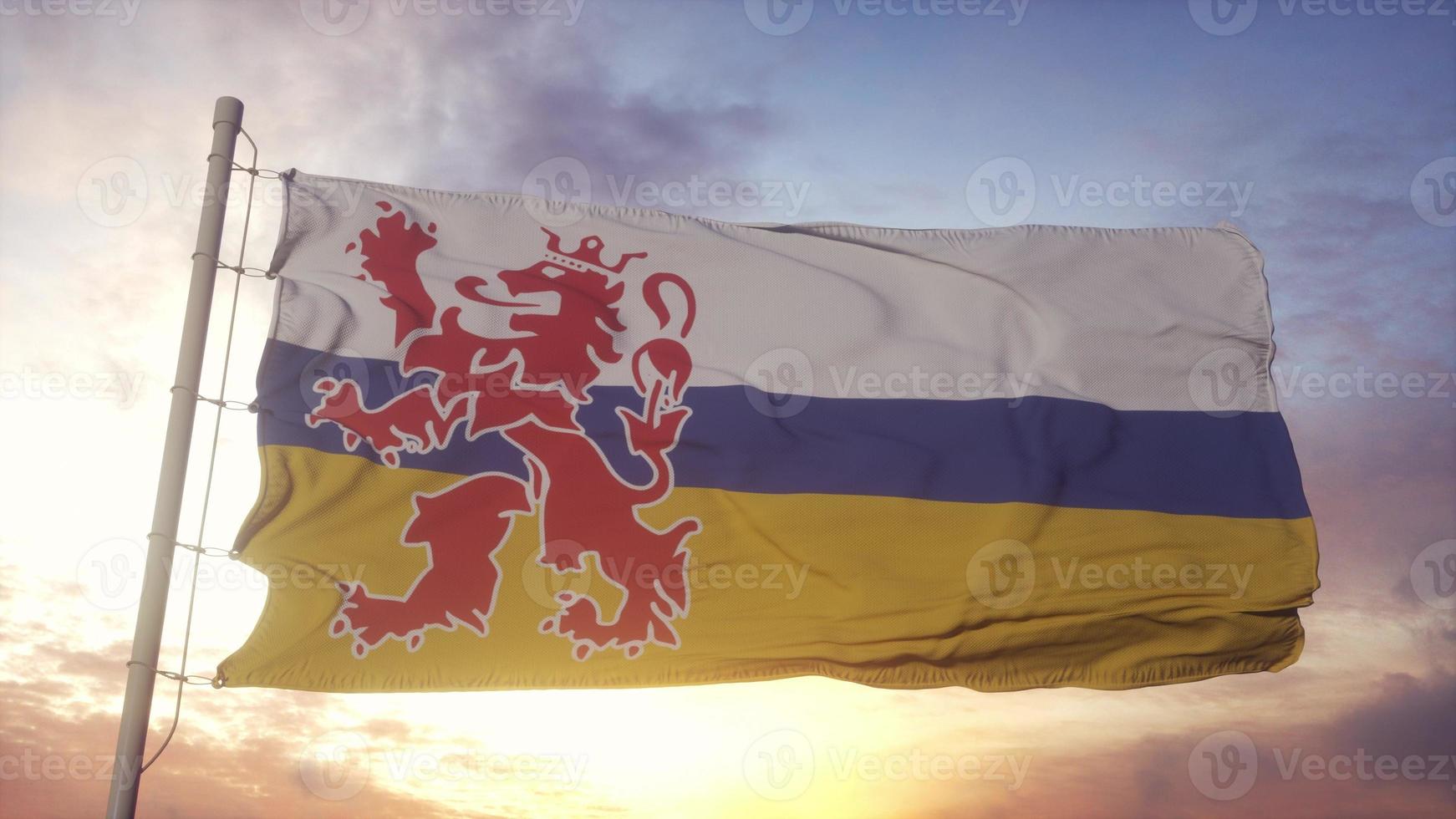 drapeau du limbourg, pays-bas, ondulant dans le vent, le ciel et le fond du soleil. illustration 3d photo