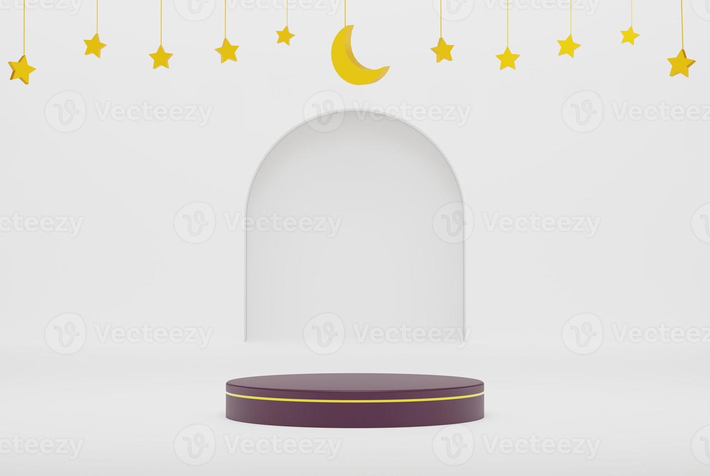 Podium 3d sur fond islamique blanc avec étoiles et croissant couleur or rendu d'illustration 3d pour la conception de flyers, bannières, invitations, etc. photo