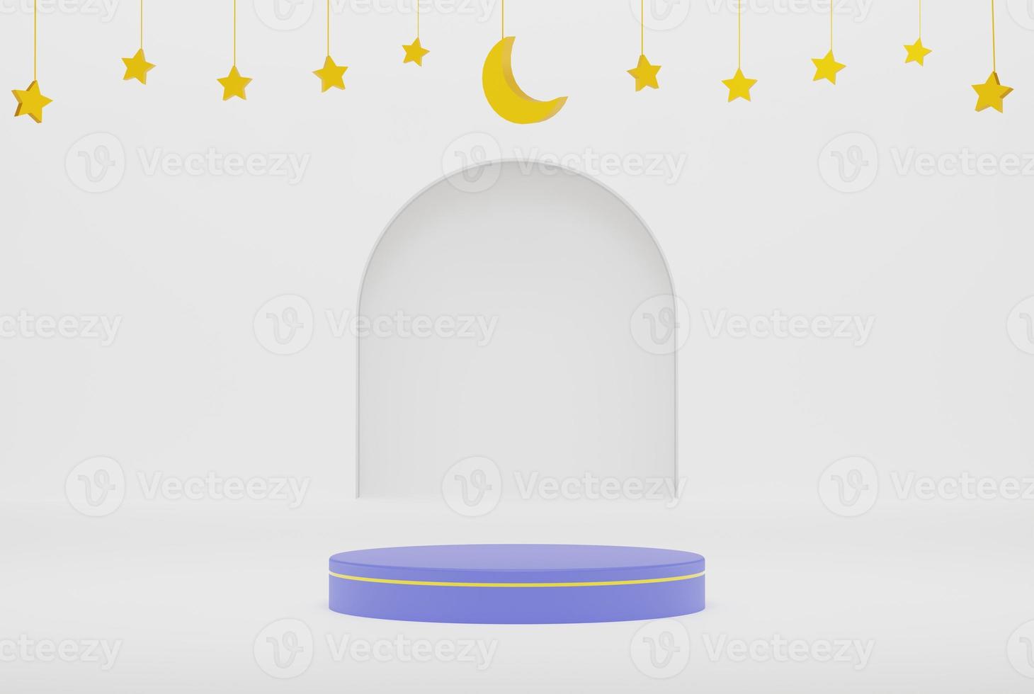 Podium 3d sur fond islamique blanc avec étoiles et croissant couleur or rendu d'illustration 3d pour la conception de flyers, bannières, invitations, etc. photo