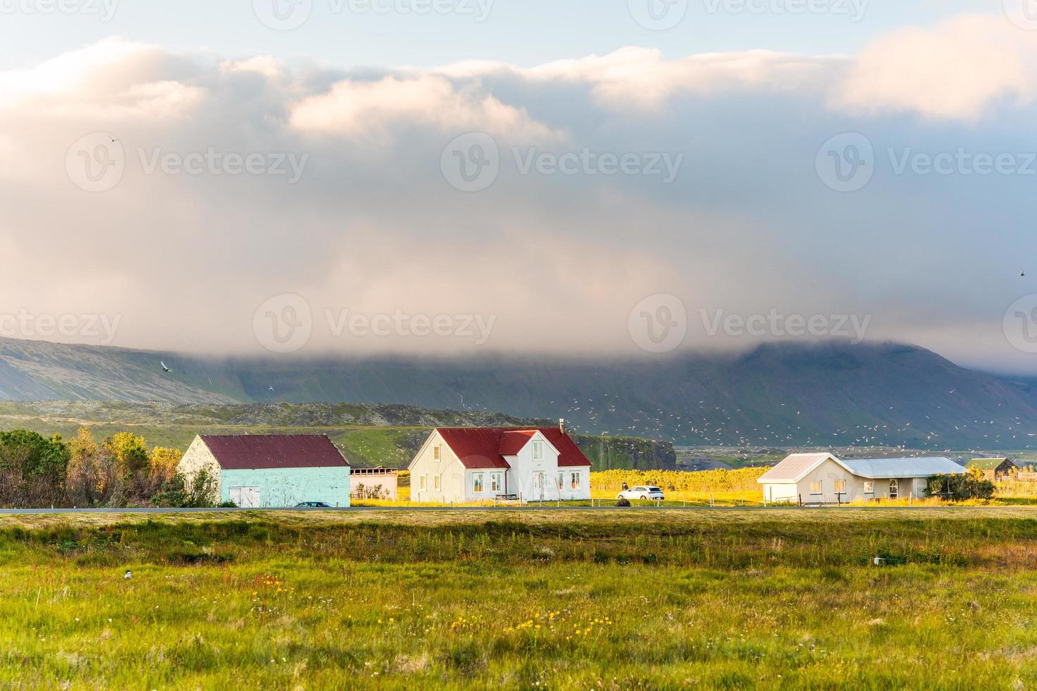 maison en bois islandaise qui brille de la lumière du soleil sur le pré et les oiseaux qui volent au coucher du soleil l'été au village de pêcheurs d'arnarstapi, islande photo