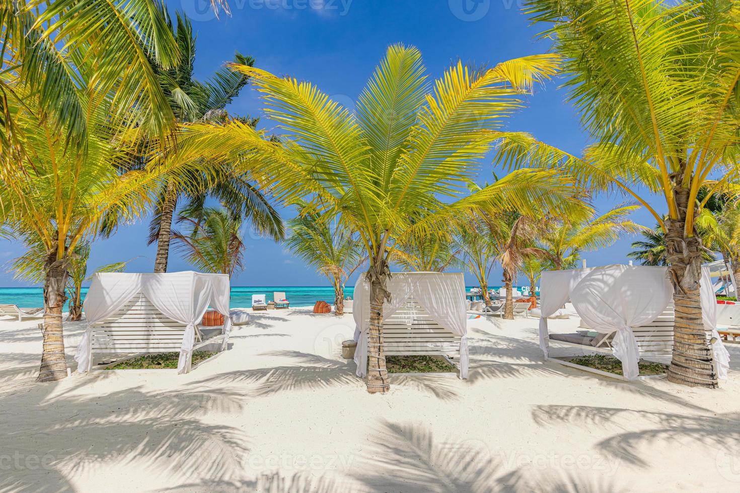 détendez-vous sur une plage de luxe vip avec un joli pavillon dans une journée de ciel bleu ensoleillé. vacances luxueuses et vacances à la plage dans un complexe tropical, hôtel. photo