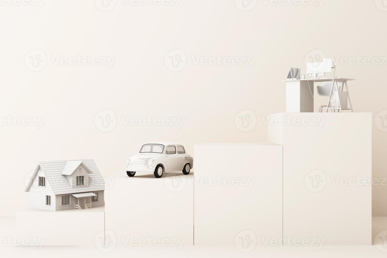 penser à la maison, à la voiture et au travail avec un autre espace vide sur le piédestal jaune, le concept de rendu 3d de la vie photo