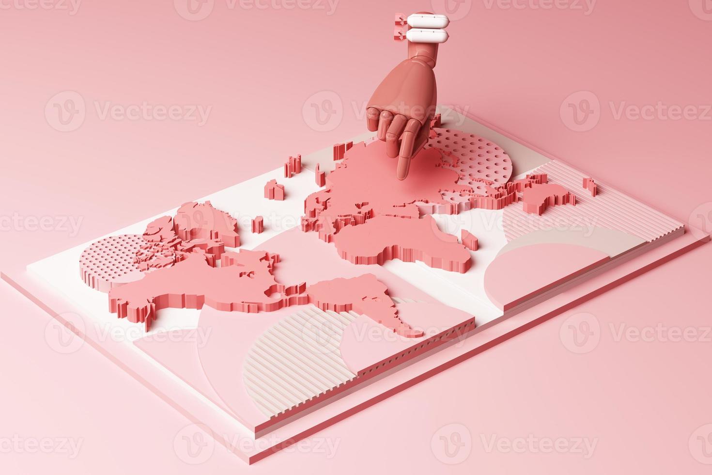 carte du monde avec concept de main humaine composition abstraite de plates-formes de formes géométriques en ton noir. rendu 3d photo