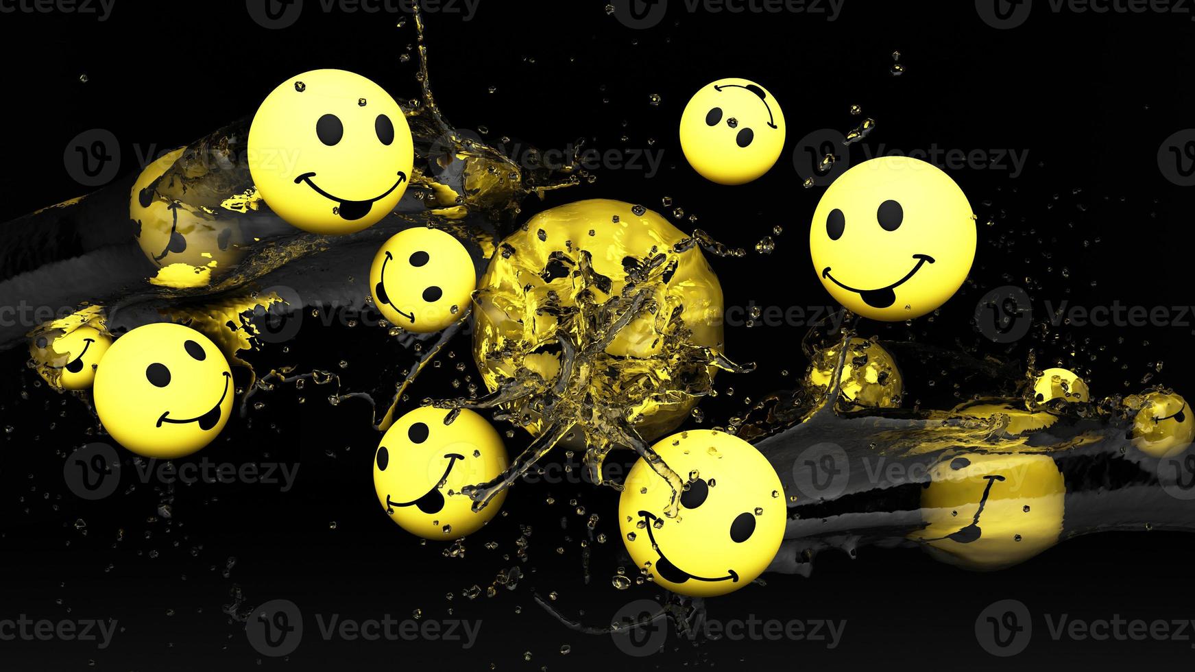 les icônes emojis avec des expressions faciales sourient une boule de visage jaune avec des éclaboussures d'eau. notion de médias sociaux. fond jaune rendu 3d photo