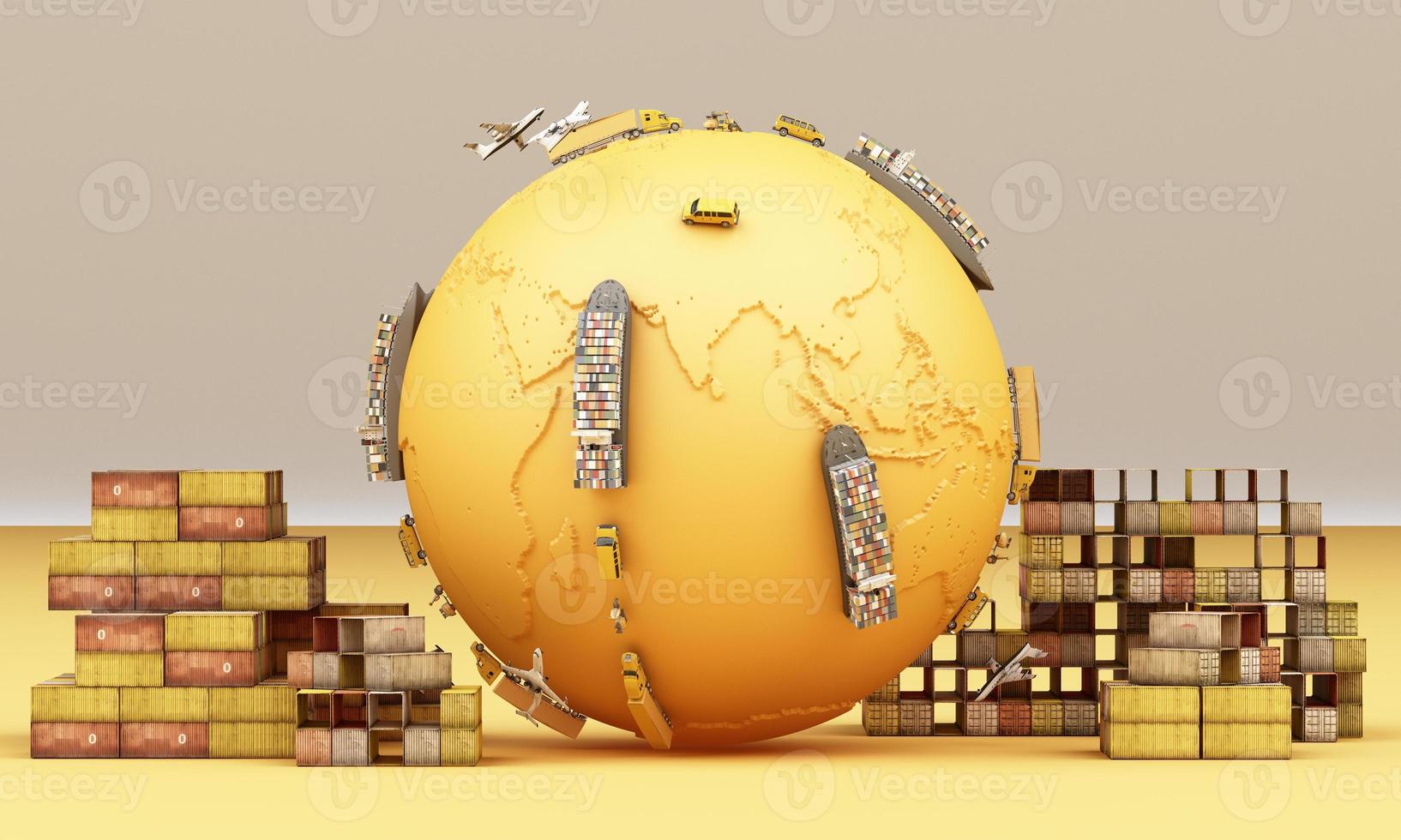 concept de transport de conteneurs de fret dans le monde entier en couleur jaune avec camion et van avion sur globe rendu 3d photo