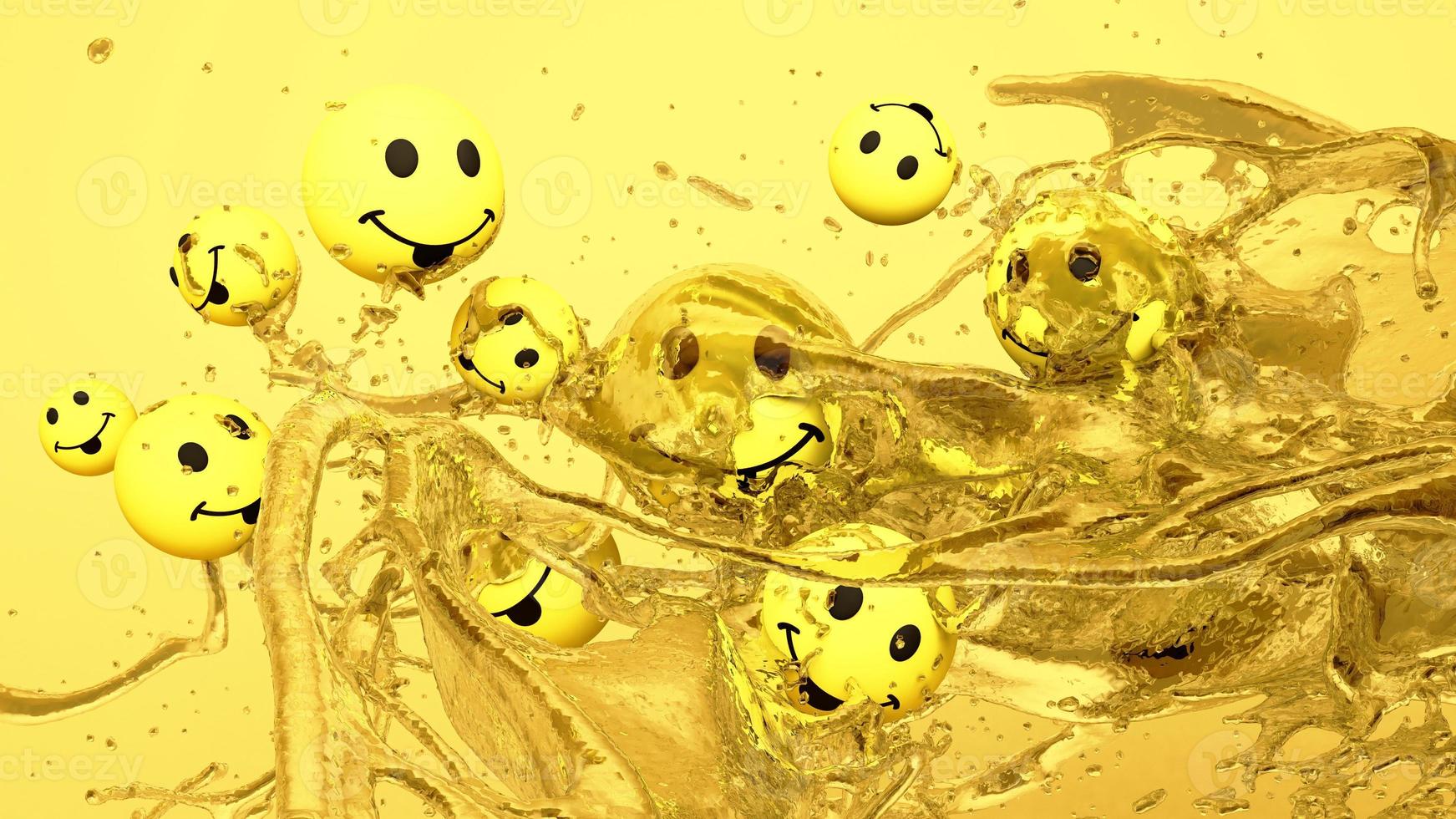 les icônes emojis avec des expressions faciales sourient une boule de visage jaune avec des éclaboussures d'eau. notion de médias sociaux. fond jaune rendu 3d photo