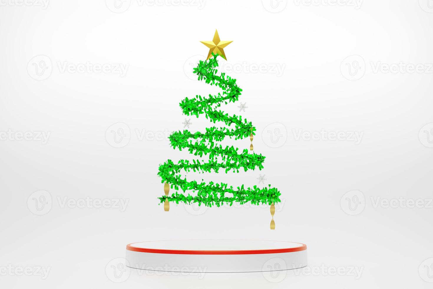 arbre de noël vert avec boîte-cadeau et ornements en composition blanche pour un affichage sur scène moderne et une maquette minimaliste, concept noël et un nouvel an festif, illustration 3d ou rendu 3d photo