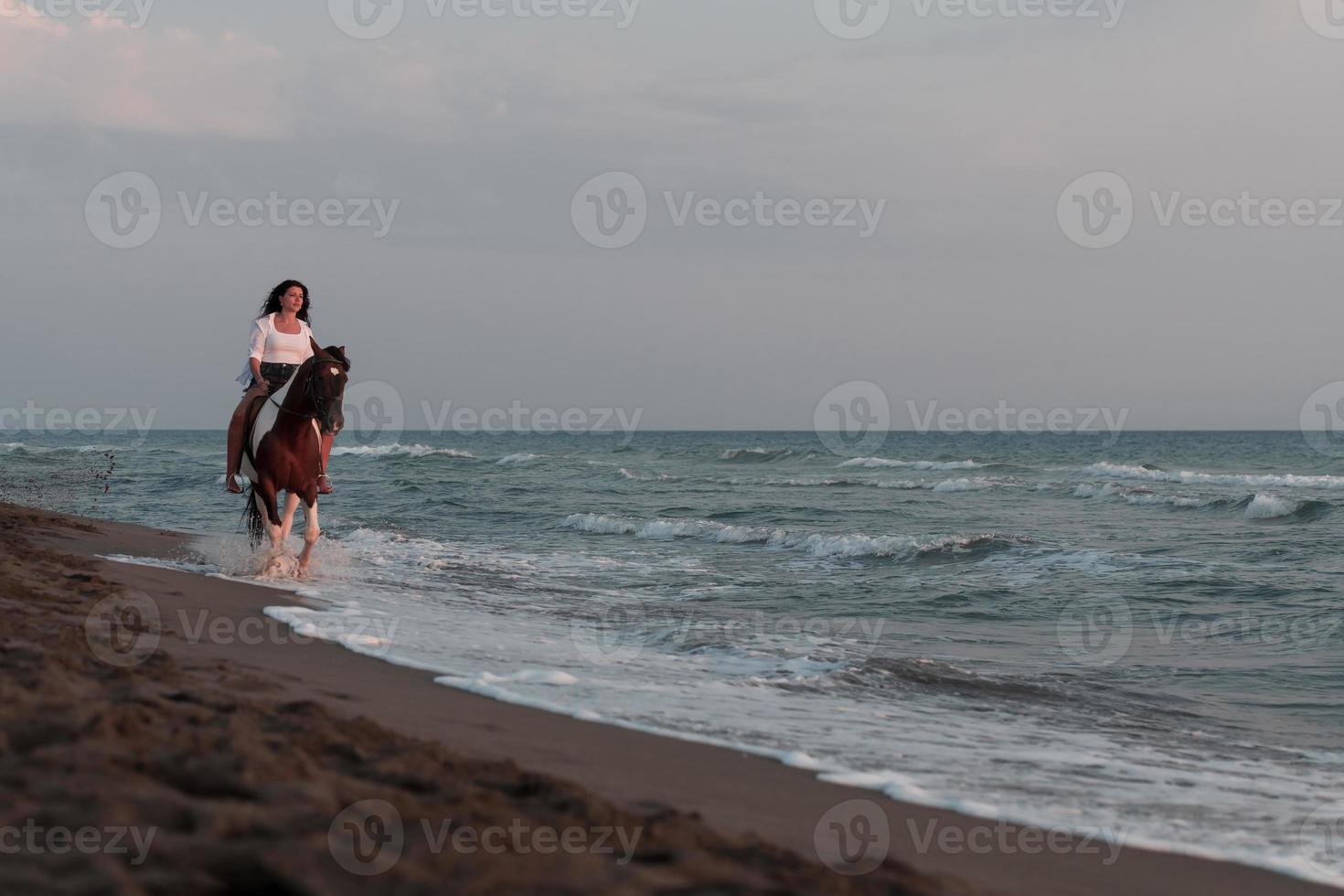 femme en vêtements d'été aime monter à cheval sur une belle plage de sable au coucher du soleil. mise au point sélective photo