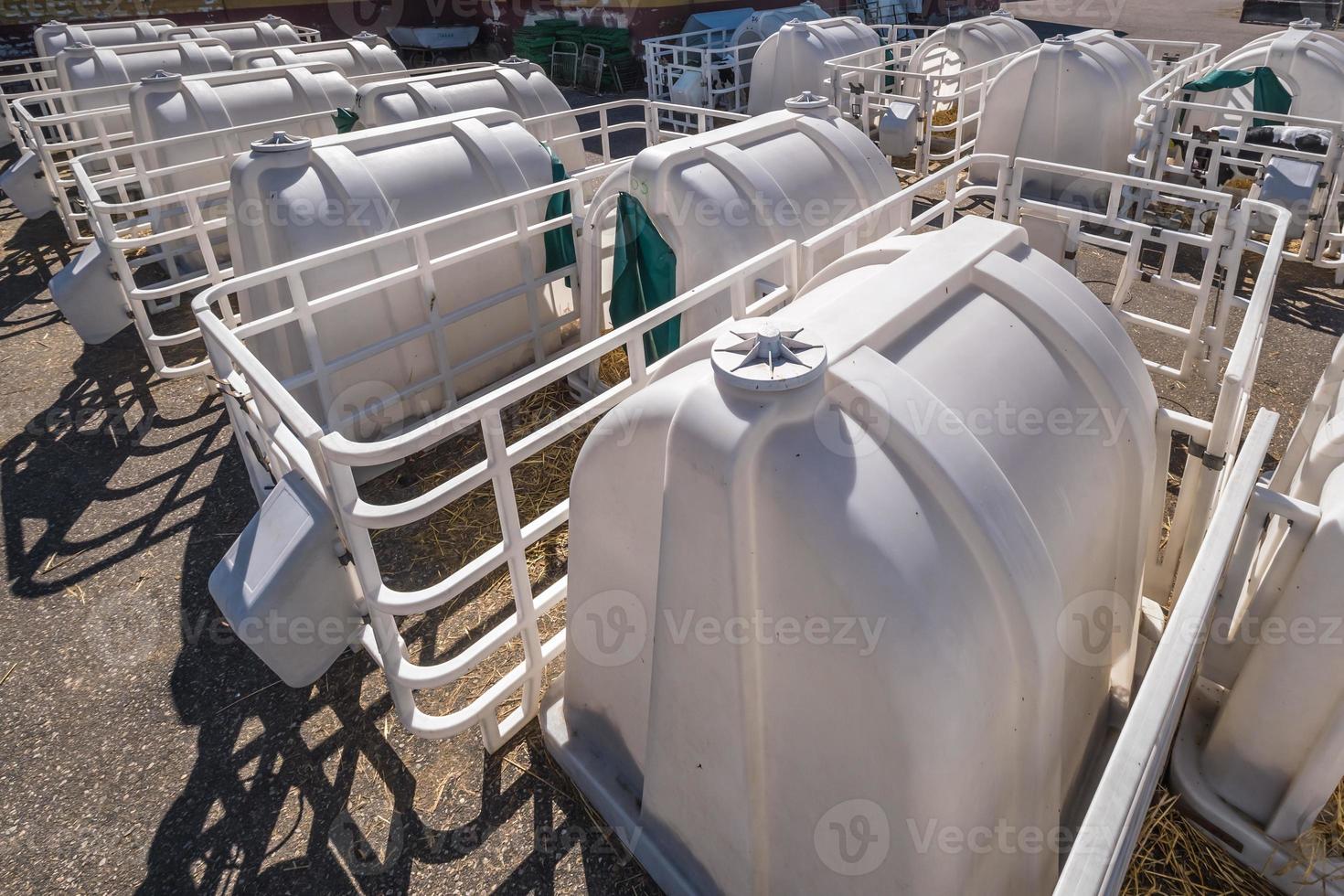 Clapier à veaux en plastique blanc sur paille. petit veau debout dans une cage dans une étable à bétail sur une ferme de daity. élevage bovin, soins aux animaux. ferme d'élevage de vaches. photo