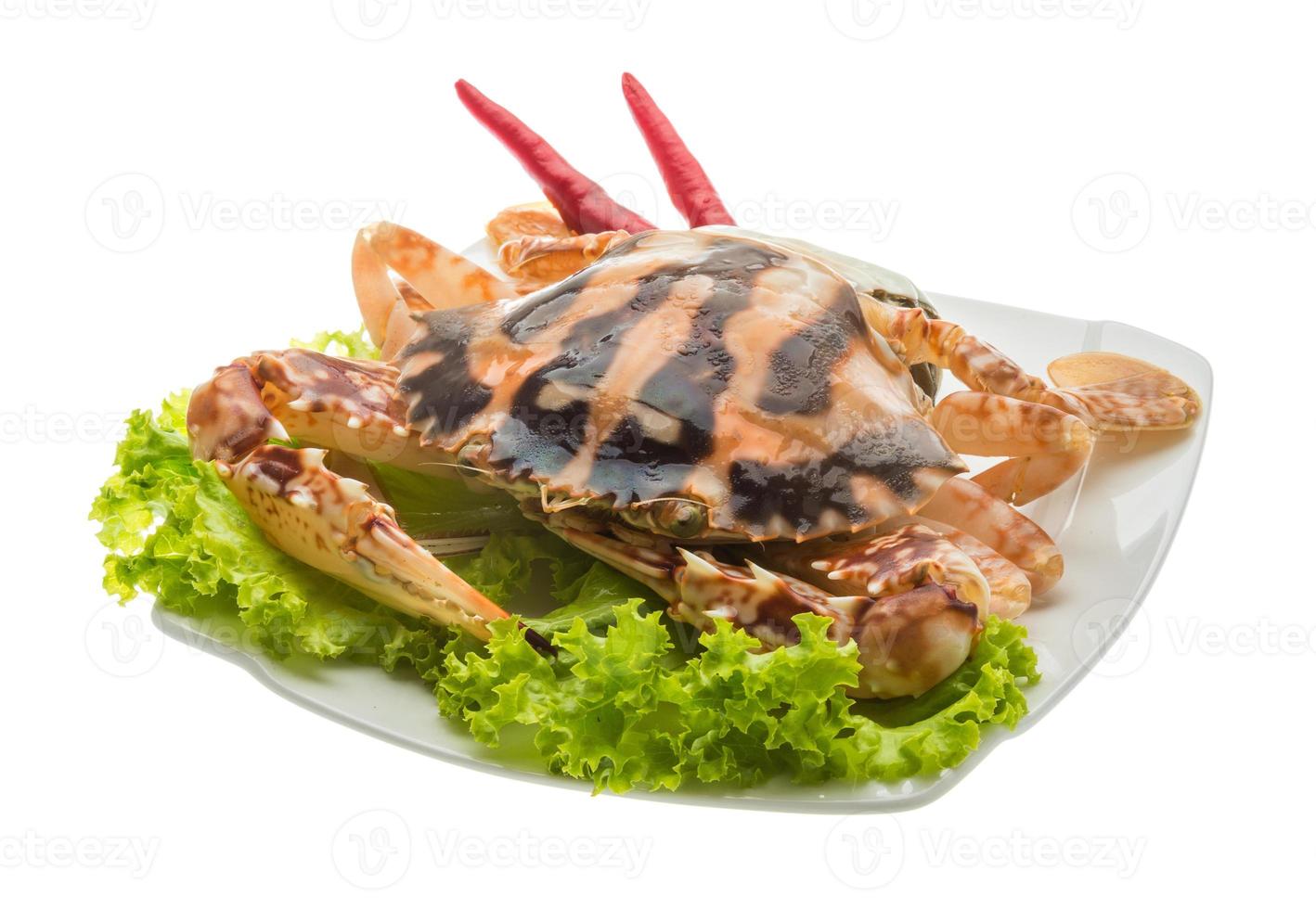 crabe rouge sur la plaque et fond blanc photo