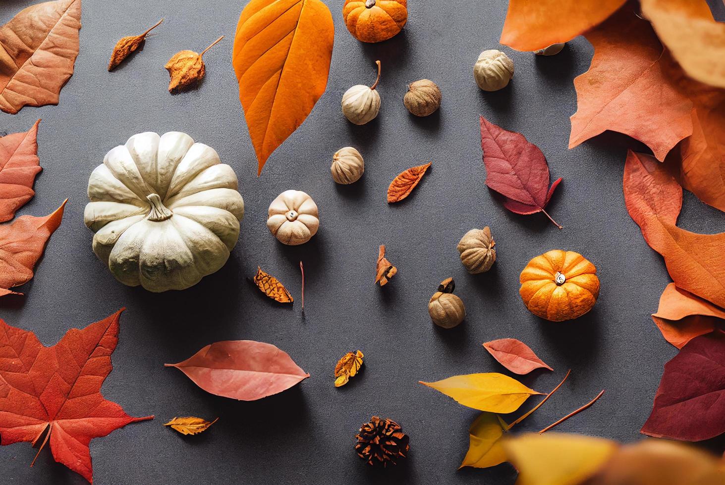 vue de dessus des citrouilles d'automne et des feuilles séchées récoltent un arrière-plan de style plat, thème de l'action de grâces, conception de rendu 3d photo