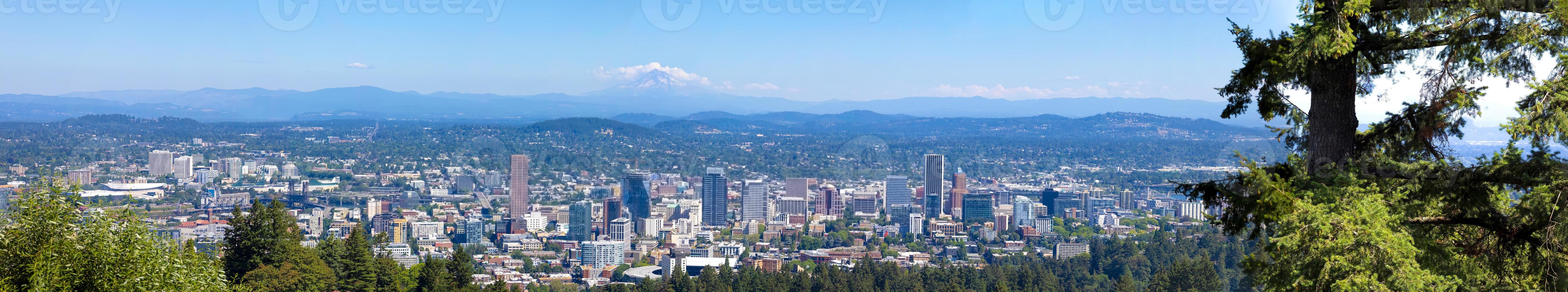 états-unis, vue panoramique sur le centre-ville de portland, la rivière columbia et le parc forestier national mount hood photo